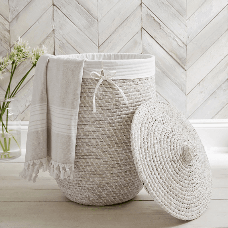 Woven Seagrass Laundry Basket, H64cm x D46cm, White