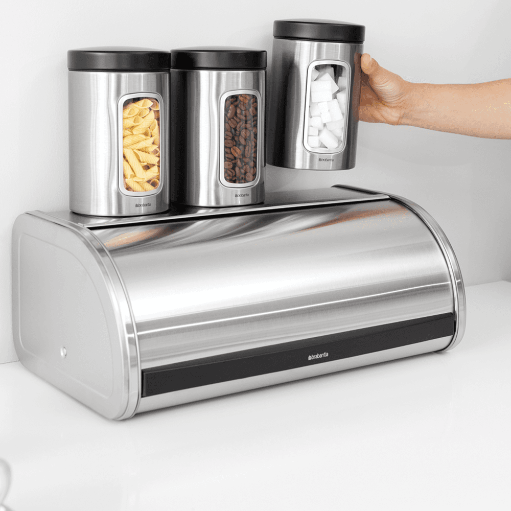 Roll Top Bread bin, H17 x W44.5 x D26cm, Matt Steel