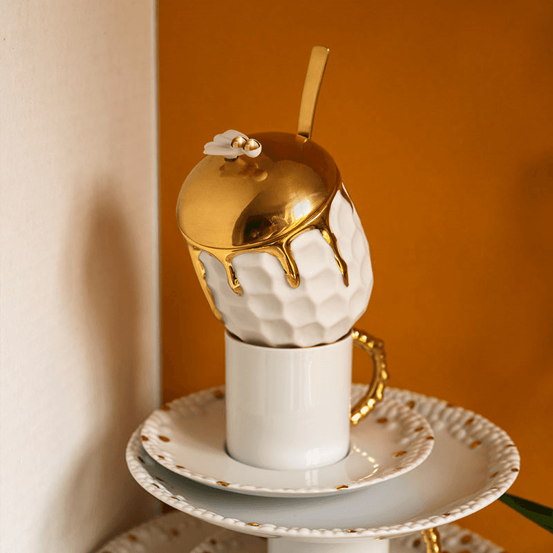 Beehive Honeypot, 230ml, White & Gold