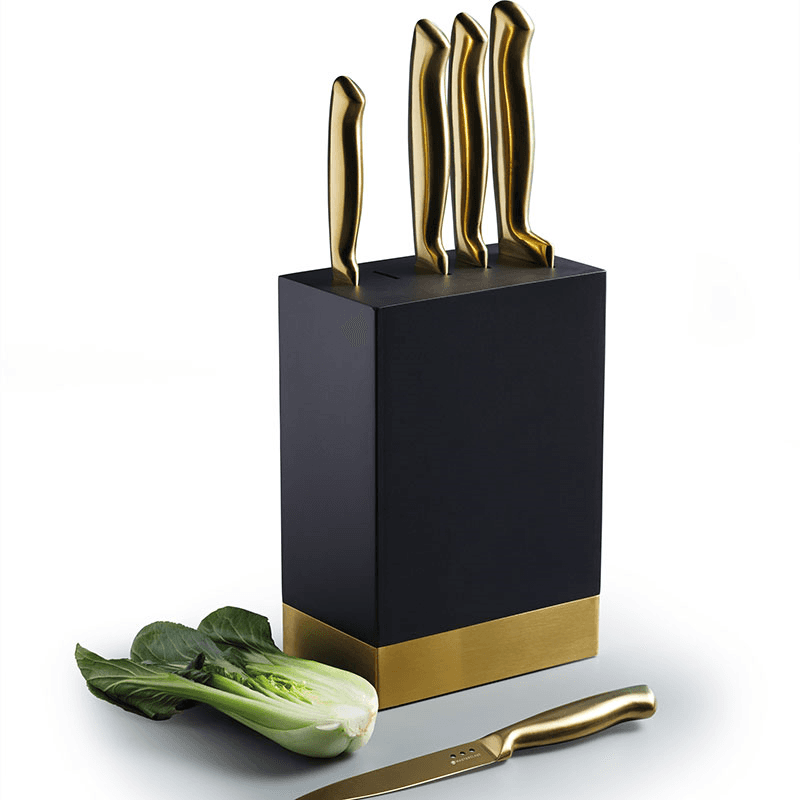 Knife block with 5 knives, H37cm, Black/Brass