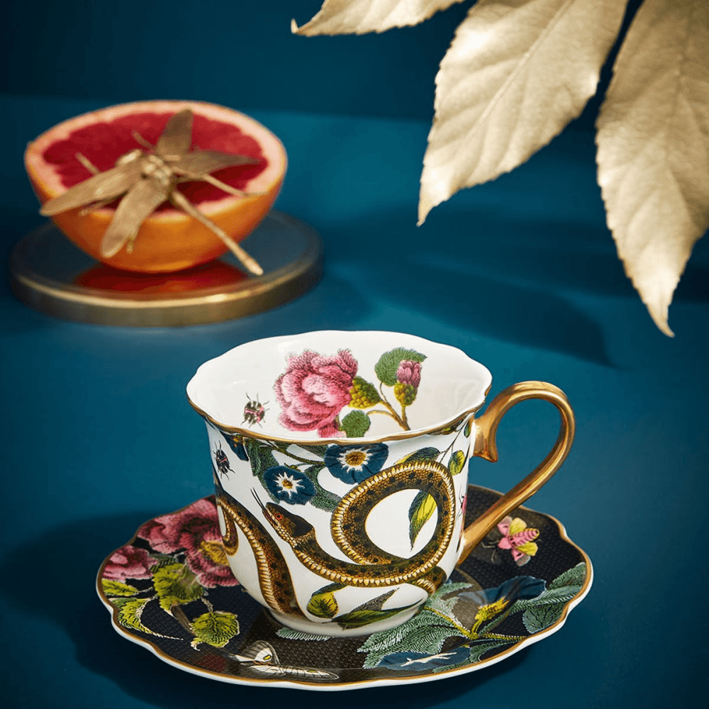 Creatures of Curiosity Tea Cup & Saucer Fluted, Black