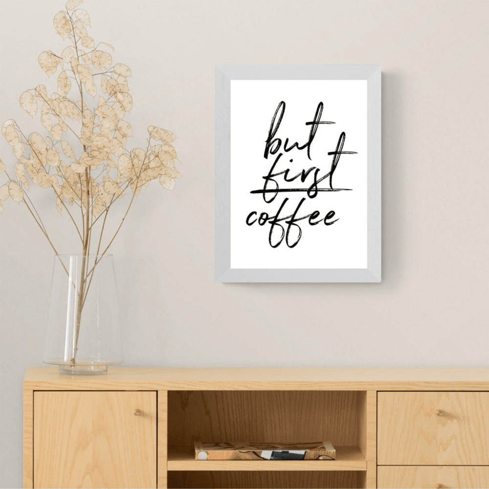 Rafael Farias, But First Coffee Framed Art Print, White