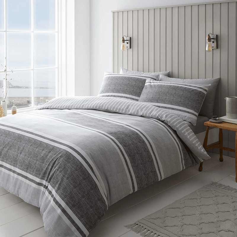 Textured Banded Stripe Double Duvet Set, Charcoal