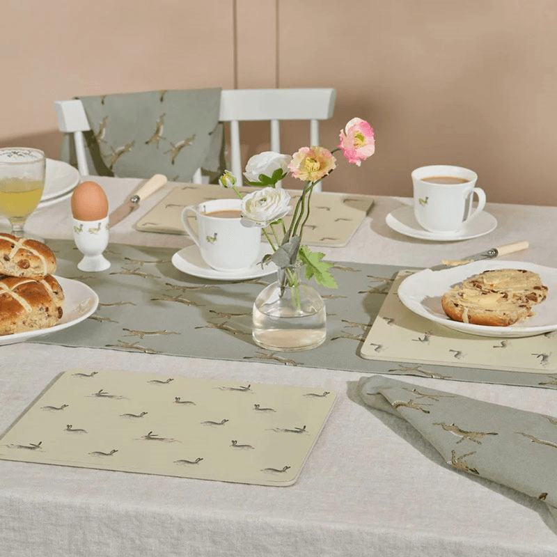 Boxing Hares Table Runner, 35 x 280cm, Duck Egg Grey