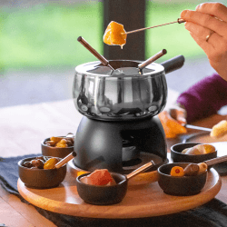 Image showing the 6 Person Party Fondue Set, Stainless Steel/Black Glaze product.