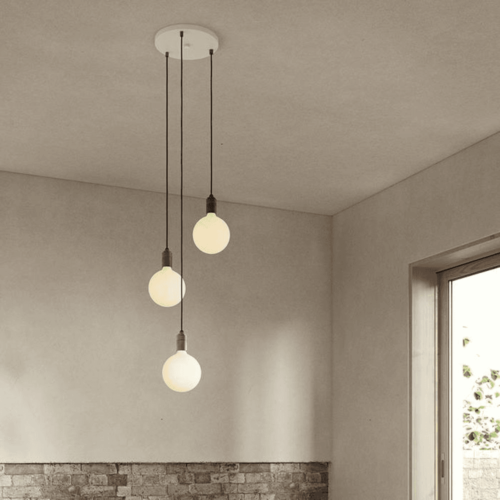 Canopy & Sphere Bulb Triple ceiling plate & pendant set, H400 x W25cm, White & Steel