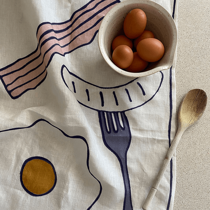 Egg & Bacon Tea Towel, 50 x 70cm, White/Blue