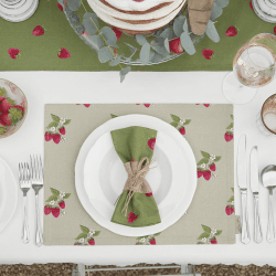Image showing the Strawberries Fabric Placemat, Natural, Green, Red product.