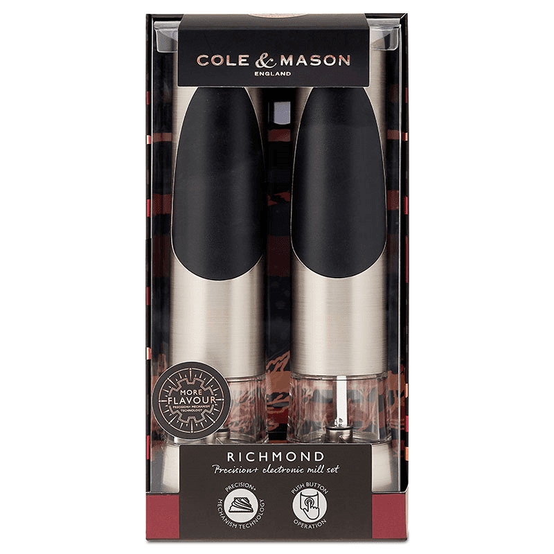 Richmond Electric Salt & Pepper Mill Set, 21cm, Brushed Metal