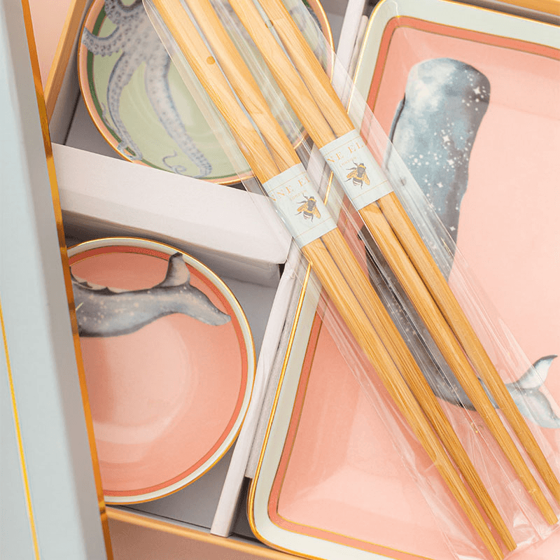 Under The Sea Set of 2 Sushi Plates, Dip Bowls & Chopsticks, Pastel