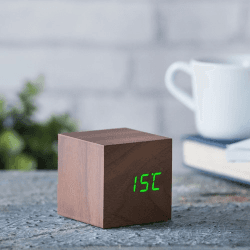 Image showing the Cube Click Clock, L6.8 x W6.8 x H6.8cm, Walnut/Green product.