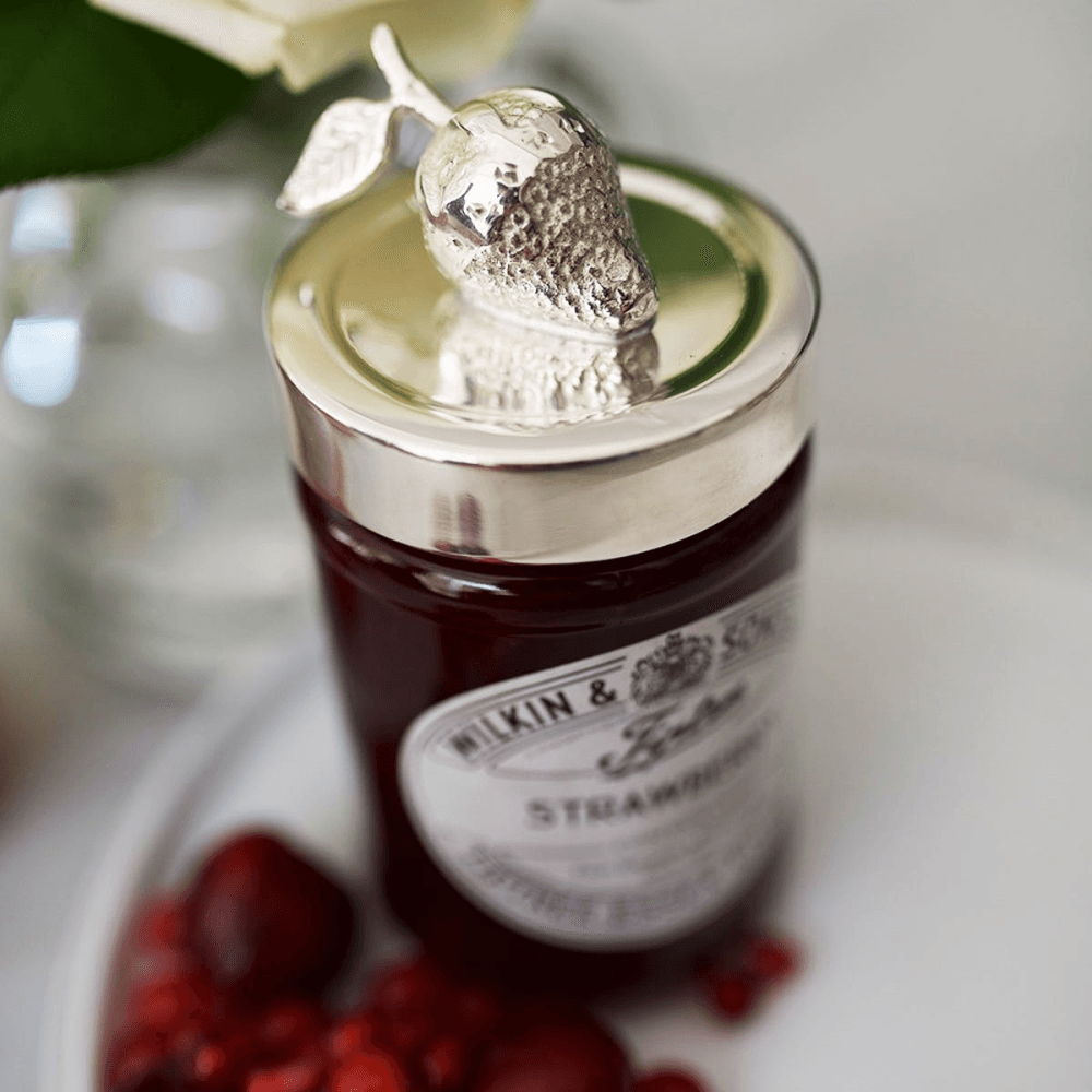Strawberry Jam jar lid, Silver Plate