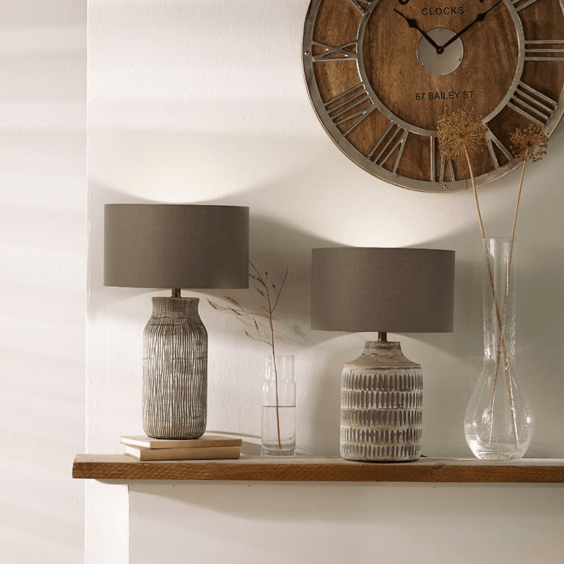 Galle Textured Table Lamp With Cylinder Shade, H33.5cm, Grey Wash Wood