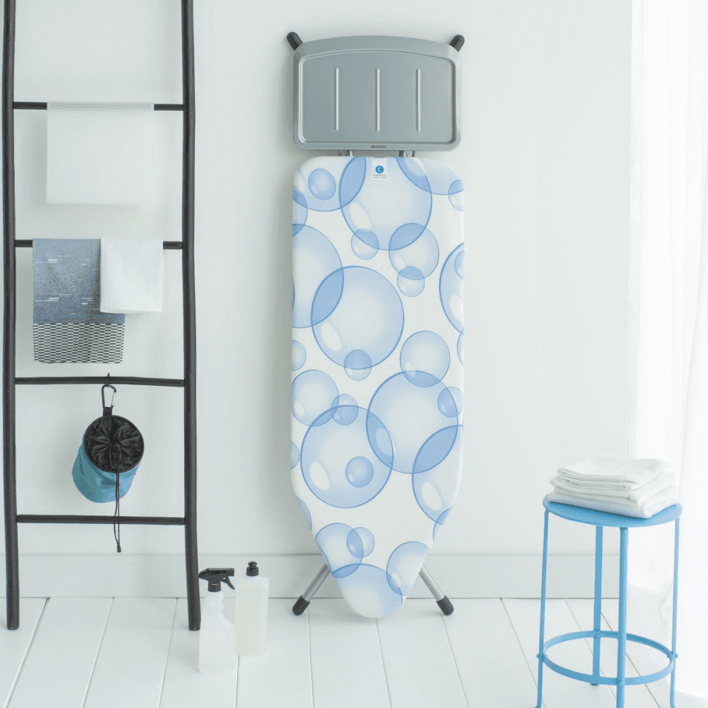 PerfectFlow Ironing board with solid steam unit holder, 124 x 45cm, Metallic Grey Frame, Bubbles