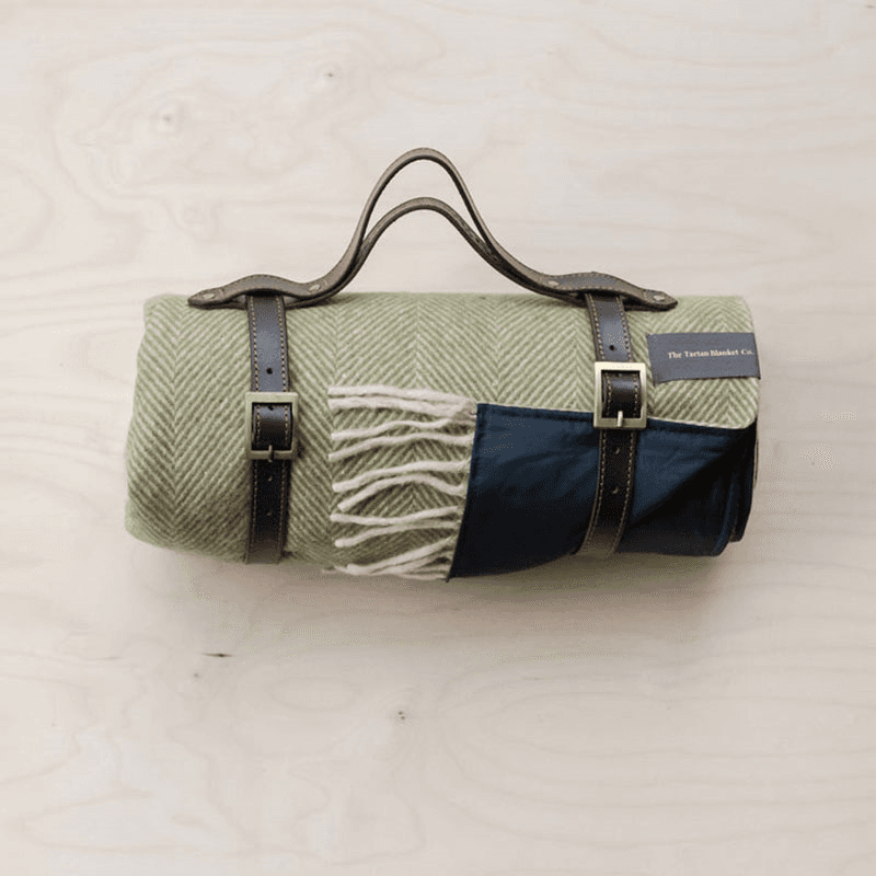 Recycled Wool Picnic Blanket with Brown Leather Carrier, 145 x 190cm, Olive Herringbone