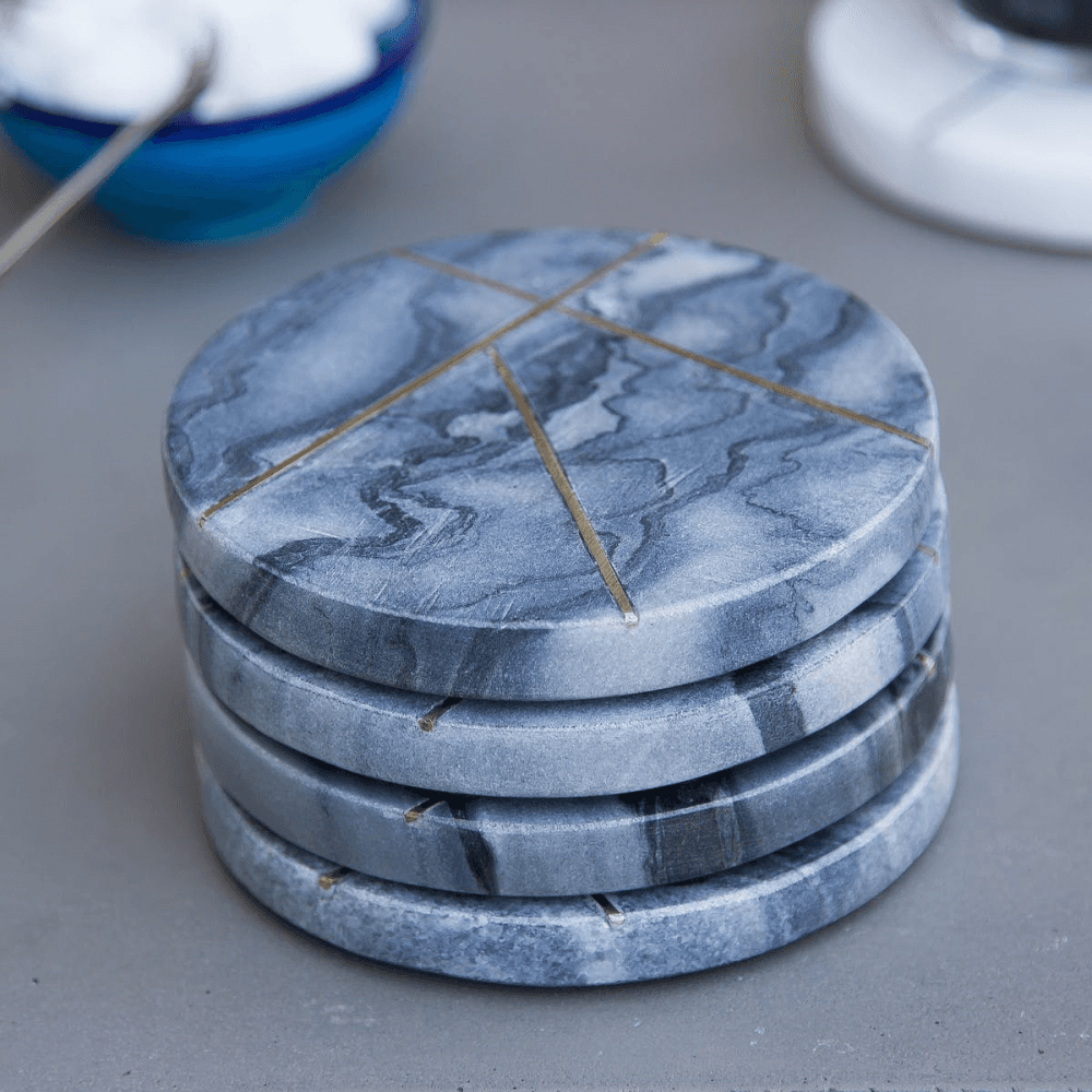 Marble Coasters With Brass Insert Detailing, Set of 4, Grey