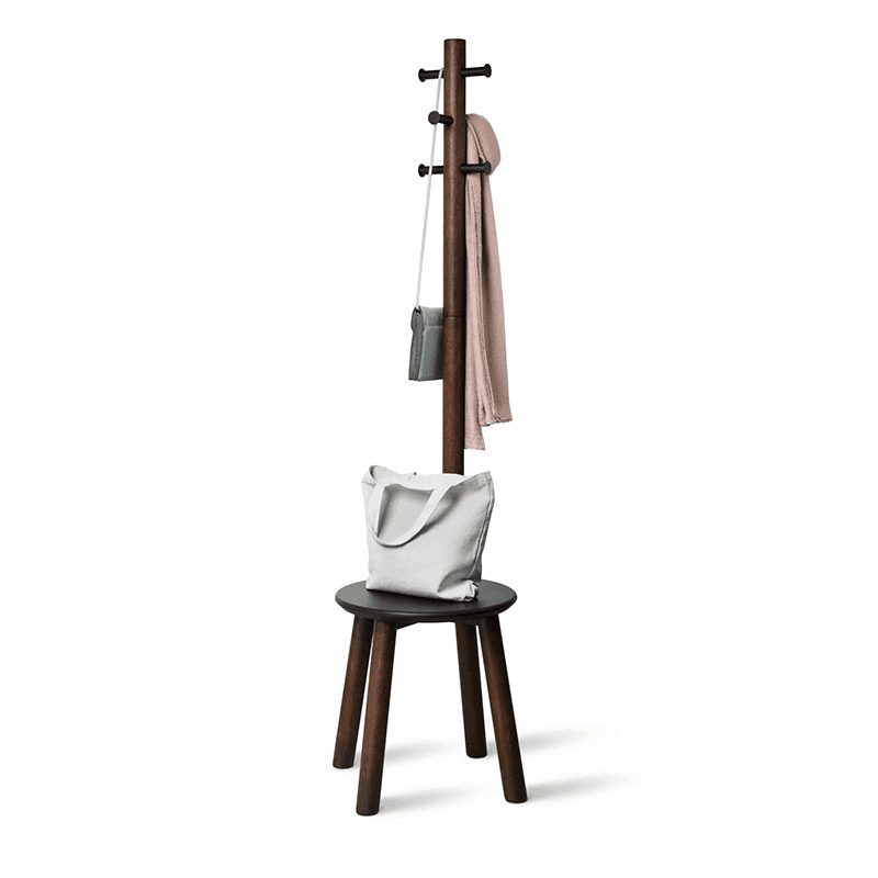 Pillar Coat Rack with Stool, H165cm, Black & Walnut