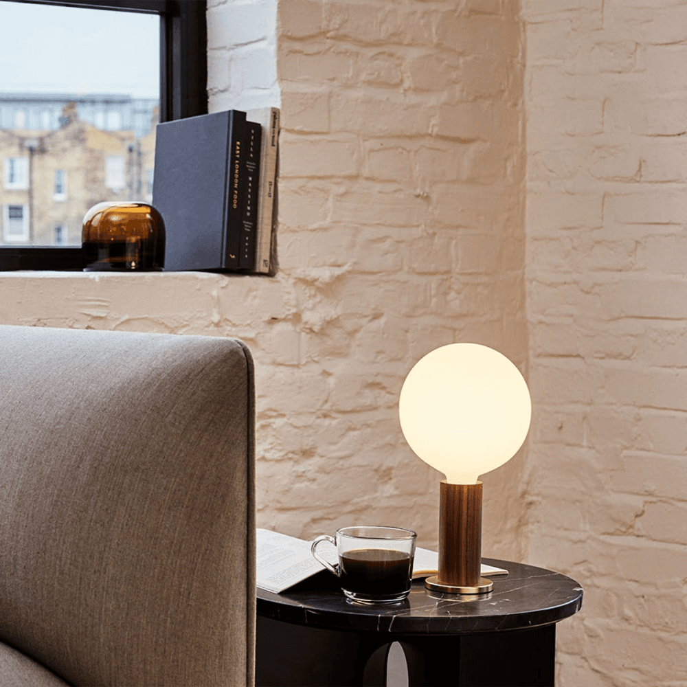 Knuckle Pendant Table lamp with sphere bulb, H30 x D15cm, Walnut & Brass