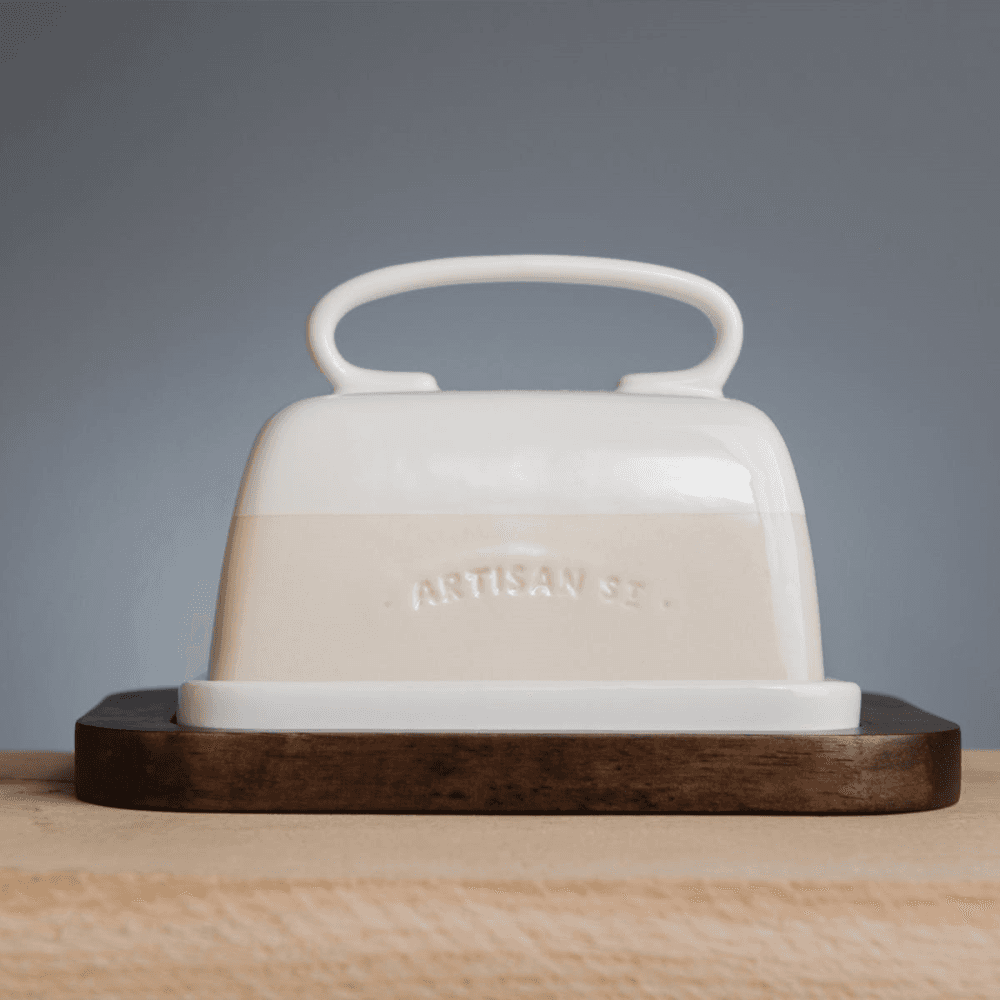 Butter dish set, L18 x W12.5 x H11 cm, Stoneware / Wood