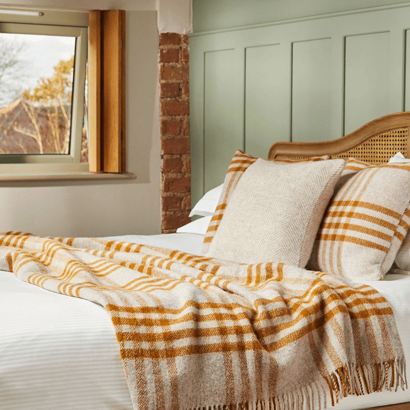Hex Check Pure New Wool Throw, 150 x 240cm, English Mustard