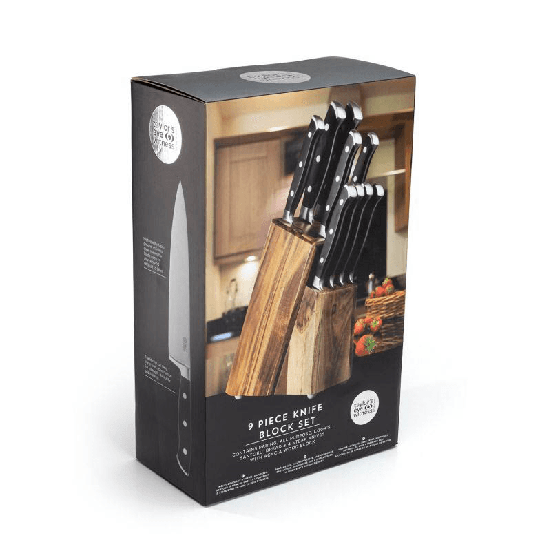 Traditional 9 Piece Kitchen & Steak Knife Set with Block, Acacia Wood