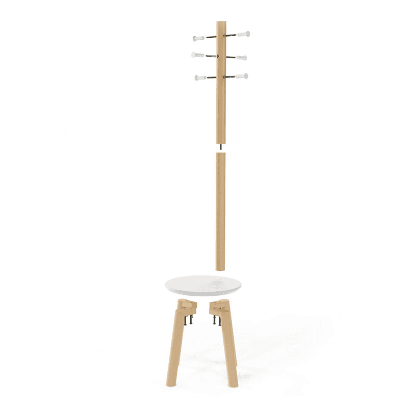 Pillar Coat Rack with Stool, H165cm, White & Natural