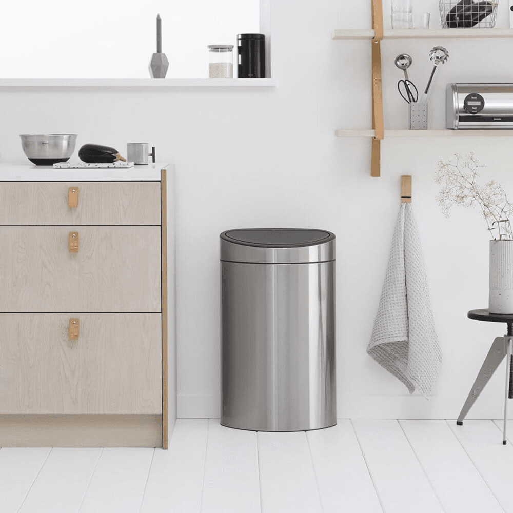 Plastic bucket touch bin, 40 litre, Matt Steel