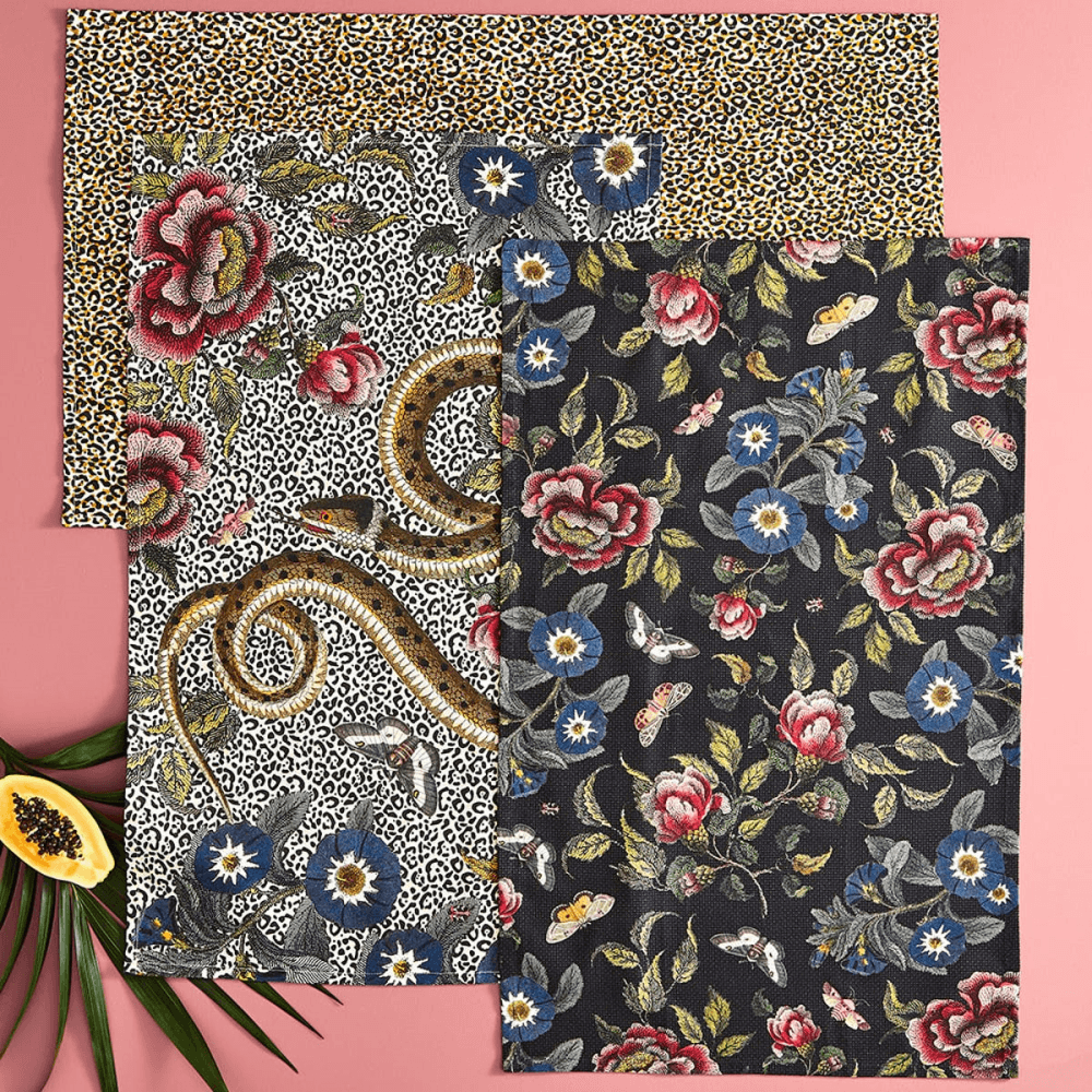Tea Towel Black, Floral, Black