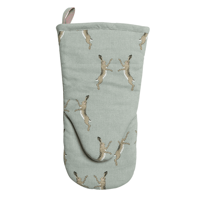 Boxing Hares Oven Mitt, Duck Egg Grey