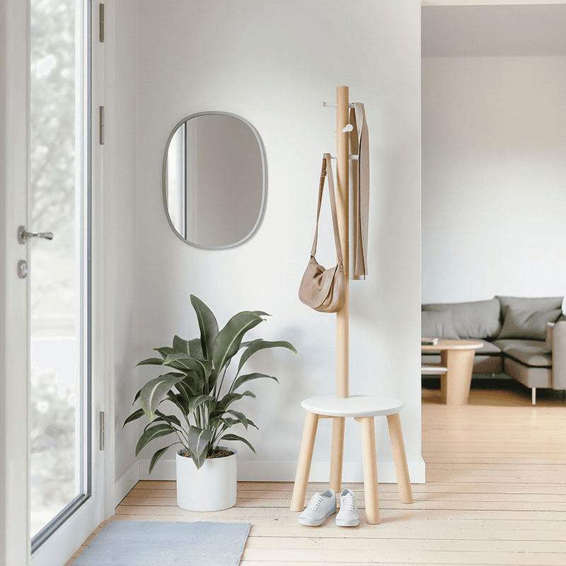 Pillar Coat Rack with Stool, H165cm, White & Natural