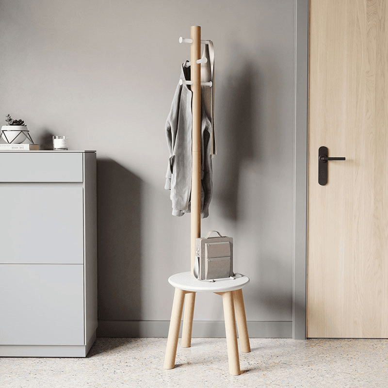 Pillar Coat Rack with Stool, H165cm, White & Natural