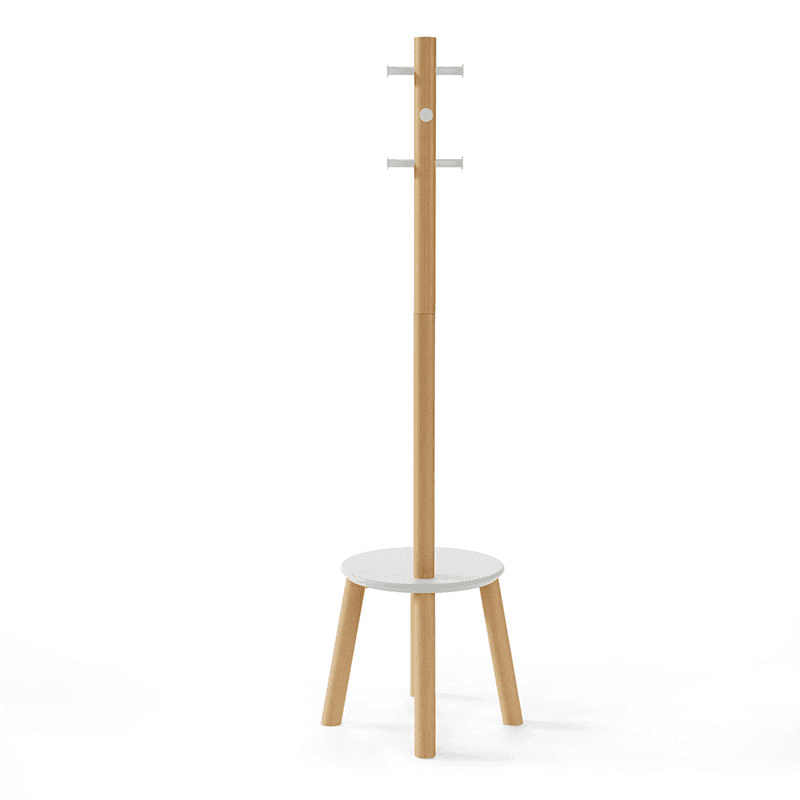 Pillar Coat Rack with Stool, H165cm, White & Natural