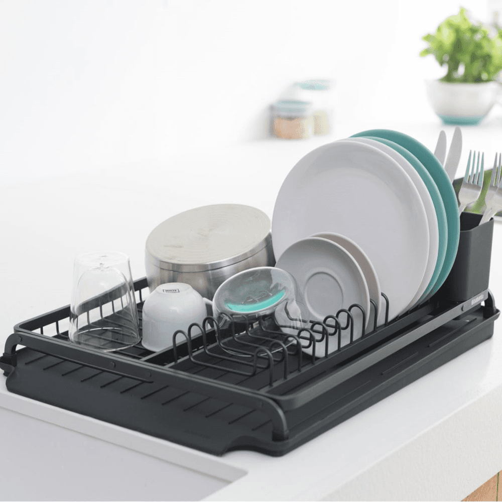 Compact dish drying rack, H12.6 x W20 x D46cm, dark grey