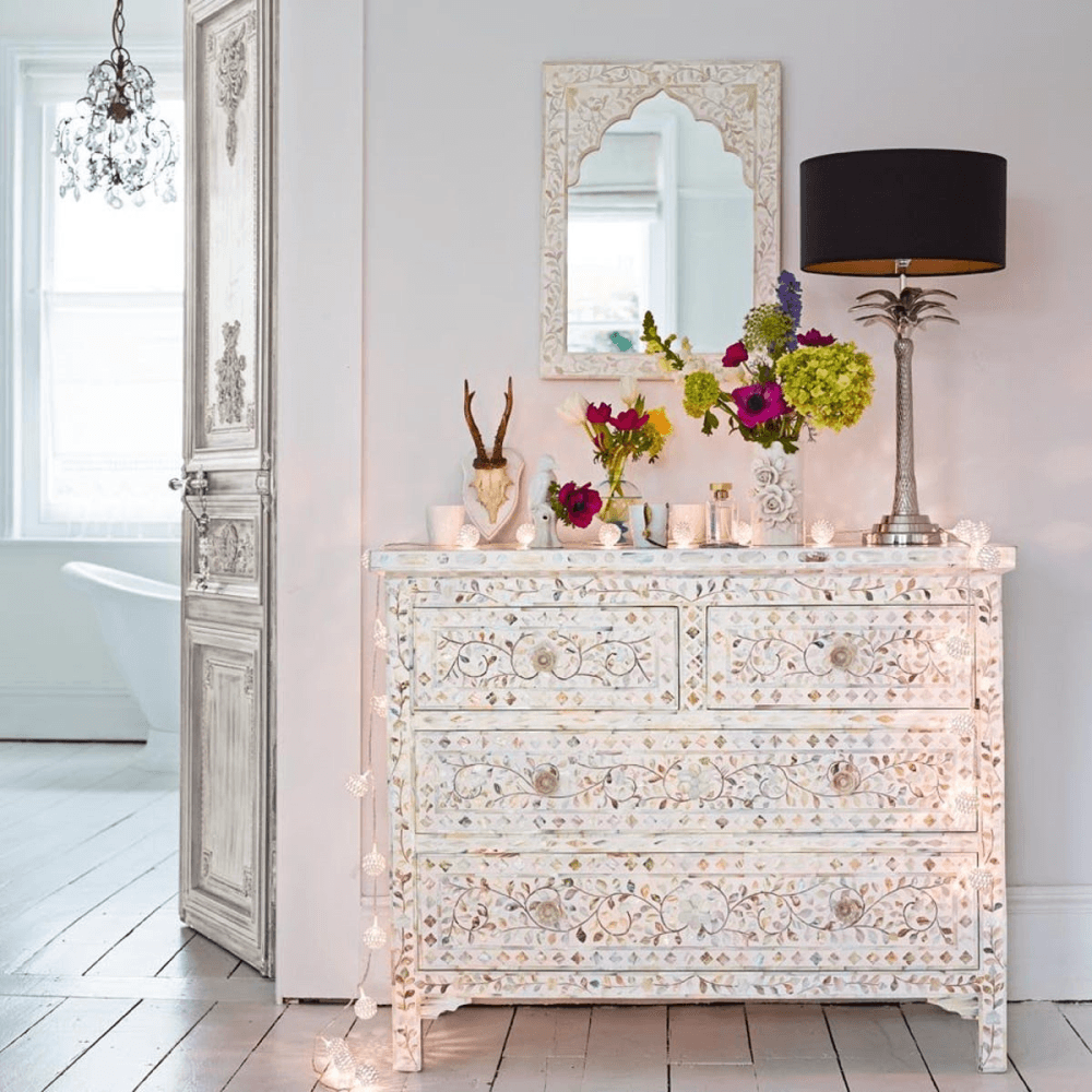 Classic Mother Of Pearl Inlay Chest Of Drawers In White