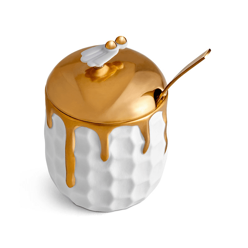 Beehive Honeypot, 230ml, White & Gold