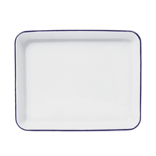 Enamel serving tray, L28 x W22 x H3.5cm, white with blue rim with blue rim