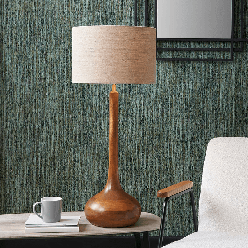 Toma Table Lamp With Linen Drum Shade, H55cm, Oiled Wood