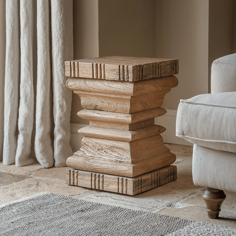 Disha Carved Mango Wood Side Table, Natural