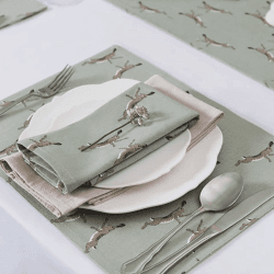 Image showing the Boxing Hares Fabric Placemat, Duck Egg Grey product.