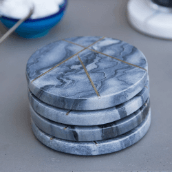 Image showing the Marble Coasters With Brass Insert Detailing, Set of 4, Grey product.