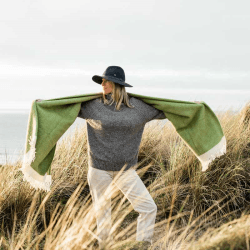 Image showing the Herringbone Blanket, 130 x 250cm, Kelp Green & Cream product.