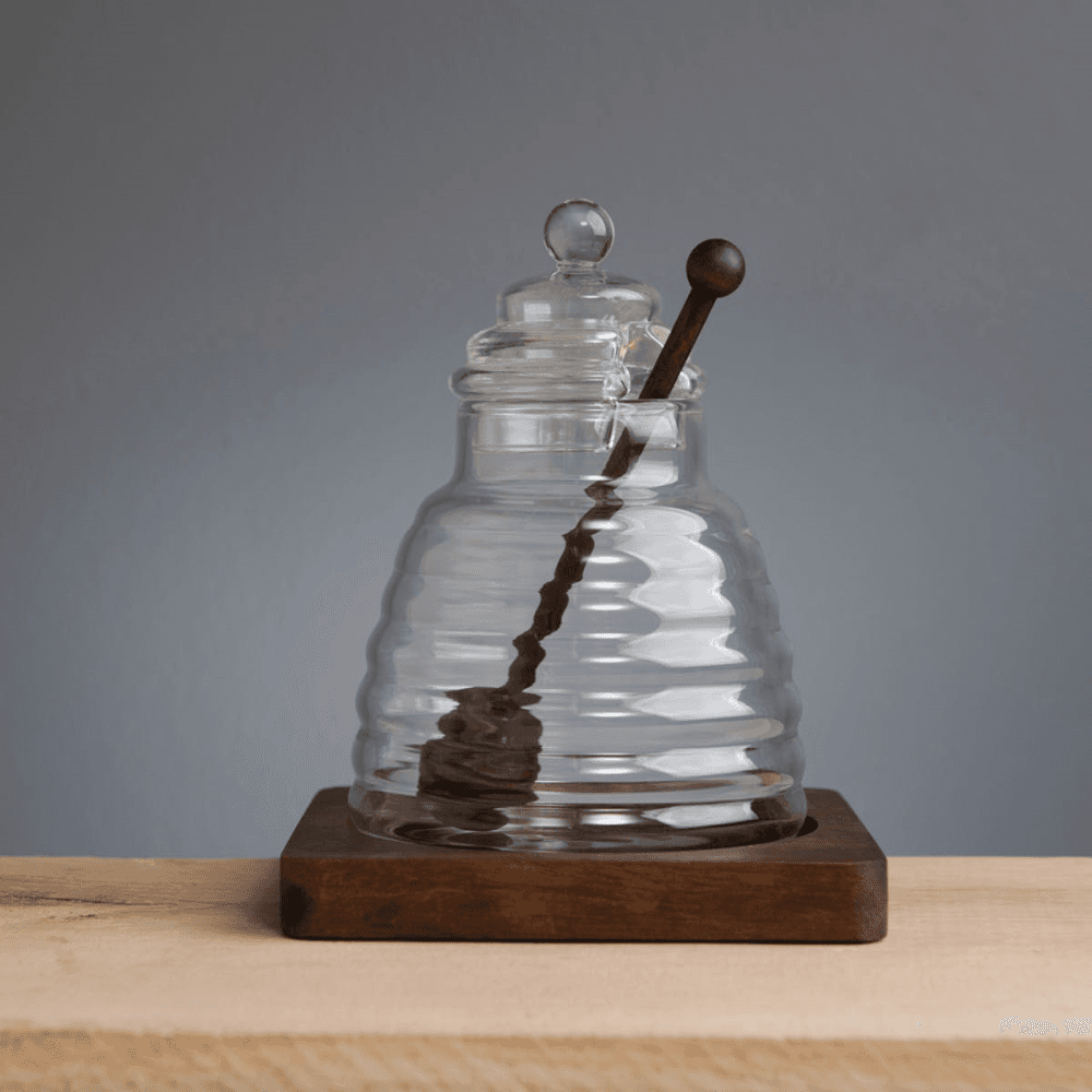 Honey set, L12 x W12 x H15cm, Acacia Wood / Glass