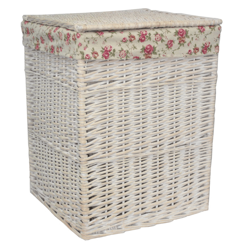 Square White Wash Laundry Hamper With Garden Rose Lining, Large
