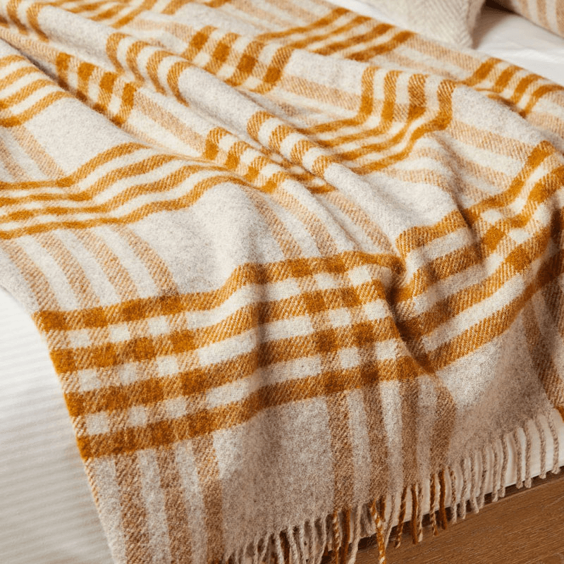 Hex Check Pure New Wool Throw, 150 x 240cm, English Mustard