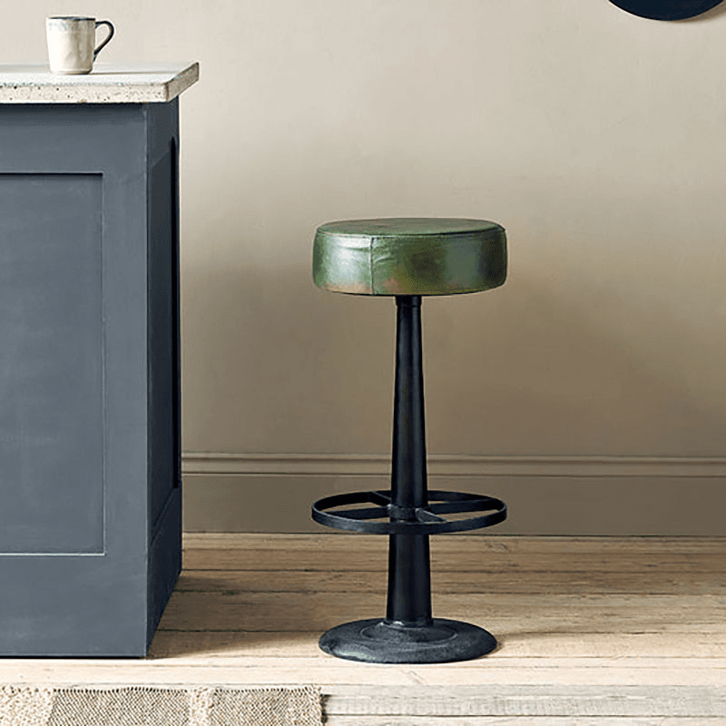 Narwana Round Leather Stool, Rich Green