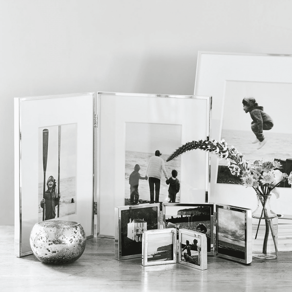 Triple Aperture Hinged photograph frame, 3 x 3", fine silver