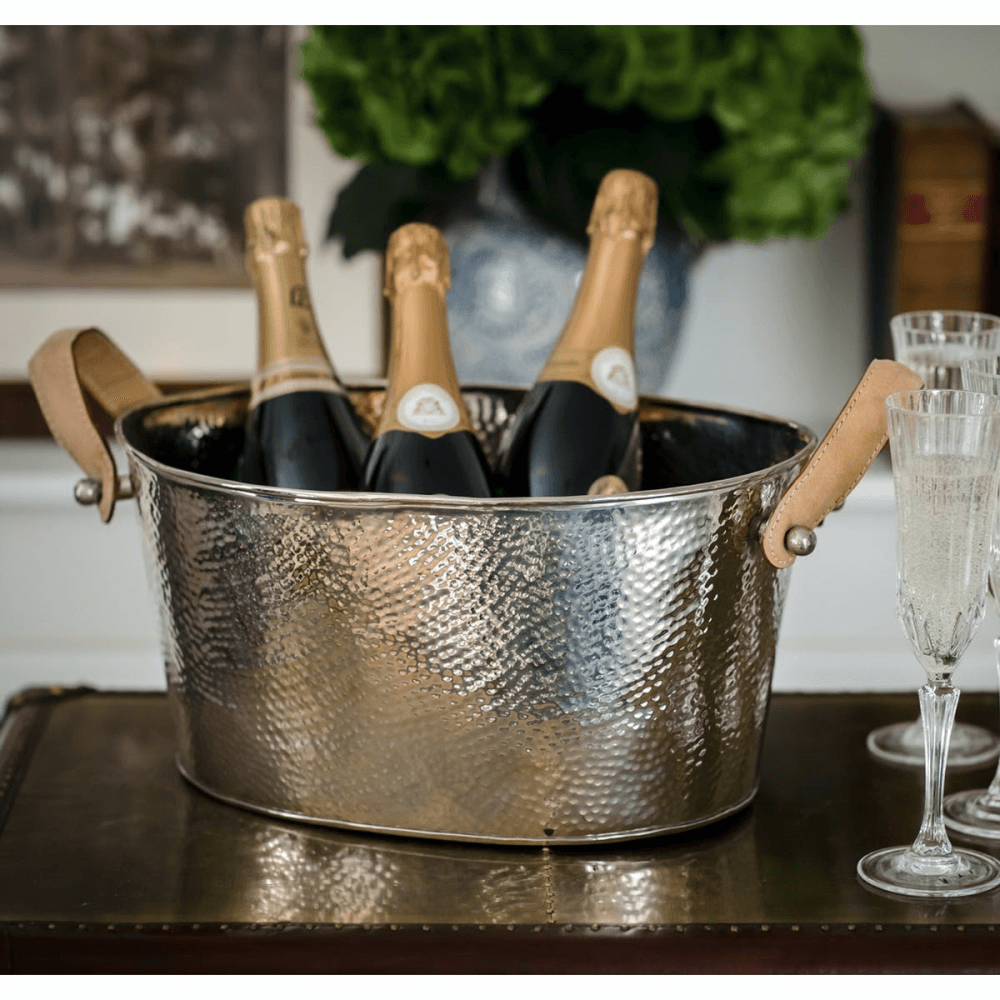 Leather Handled Champagne bath, H18 x W20 x D38cm, Hammered Nickel Plate