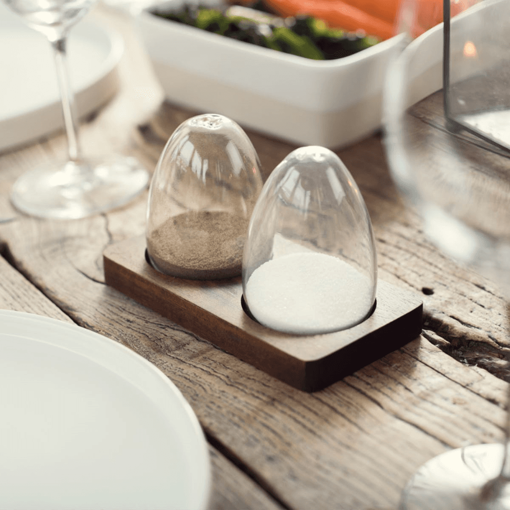 Salt & pepper set, L14 x W7 x H8.5cm, Acacia Wood / Glass