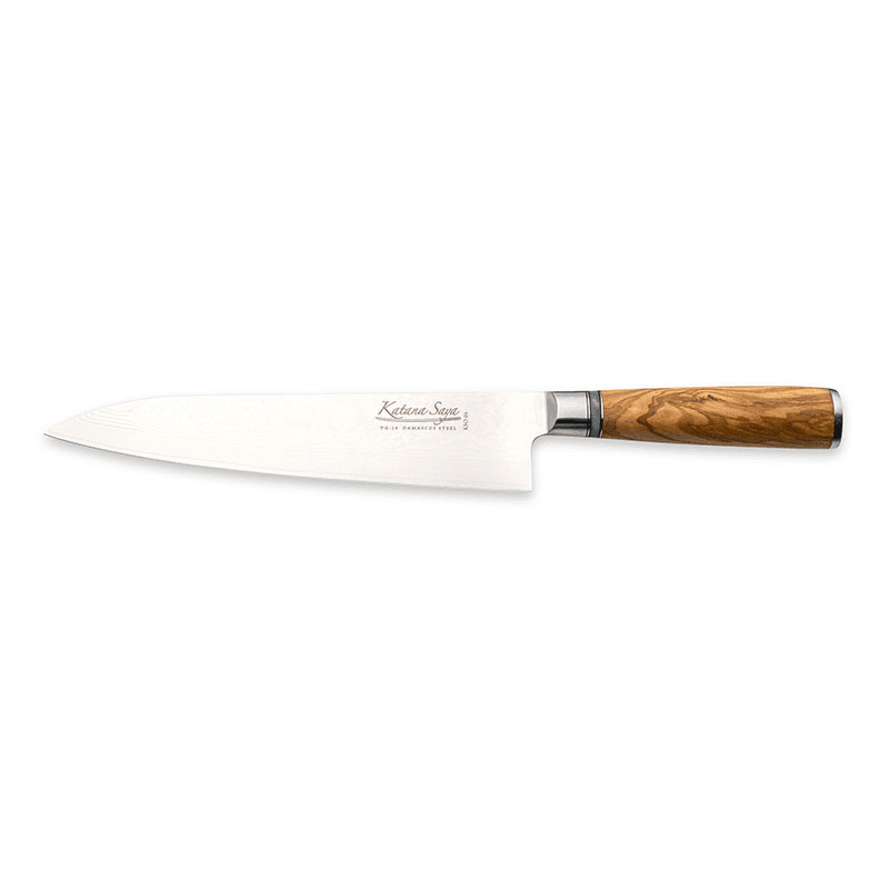 Katana Saya Olive Wood Gyuto Knife, 20cm Damascus Blade