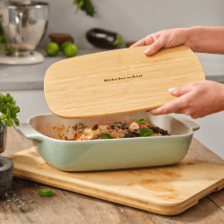 Image showing the Stoneware Dish with Bamboo Lid, 32cm, Pistachio product.